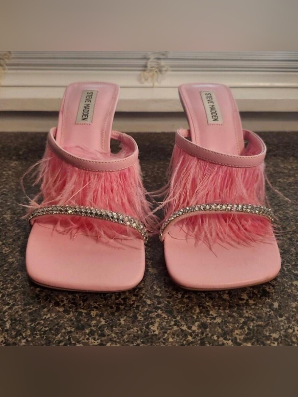 Steve Madden Pink Feather Slide Sandals with Crystal Strap - Picture 1 of 9